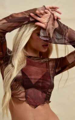 Top En Mesh Imprimé Abstrait Marron à Col Bardot -Pas Cher Tendance Charme Magasin 0270042d16edb71a441d4a08a8a5f09a91dbda33 cnd2868 4