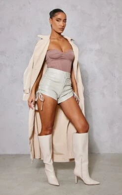 Zero Mini Short En Similicuir Gris Pierre à Côtés Noués