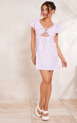 Robe Droite Lilas Fleurie Imprimé Abstrait Nouée à Manches Volantées