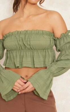 Crop Top Col Bardot Texturé Volanté Kaki -Pas Cher Tendance Charme Magasin 08a6c57a7703c560c0f0fb0f7dfd009f8d5ca1eb cnd5599 4