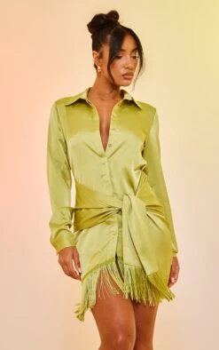 Robe Chemise Satinée Vert Citron à Détail Drapé Et Ourlet Frangé