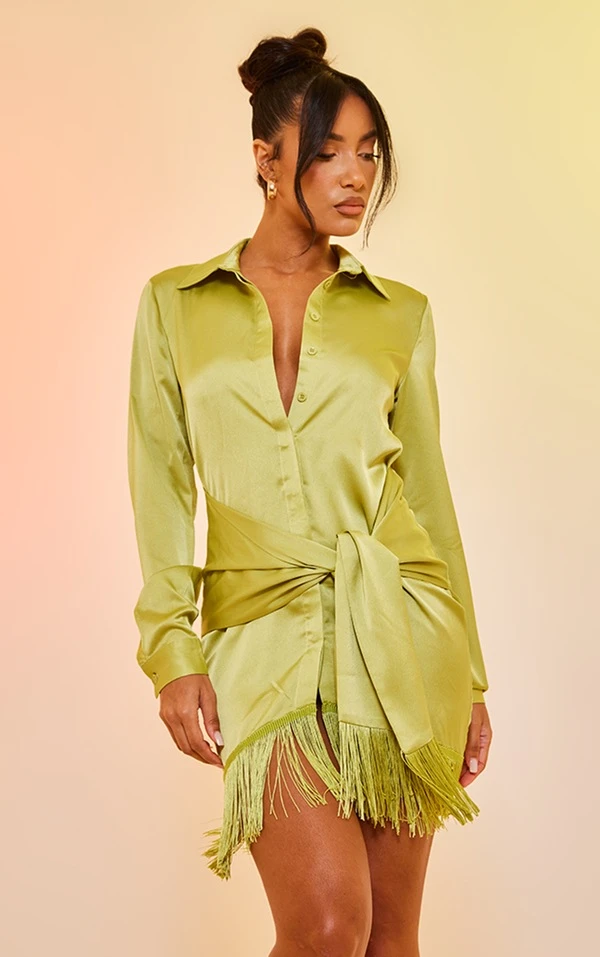 Robe Chemise Satinée Vert Citron à Détail Drapé Et Ourlet Frangé 1 Robe Chemise Satinée Vert Citron à Détail Drapé Et Ourlet Frangé