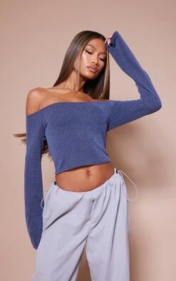 Crop Top Bleu En Maille Côtelée Contrastante Et Col Bardot