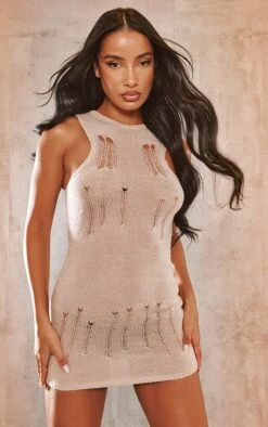 Mini Robe Moulante En Maille Tricot Ajourée Avoine