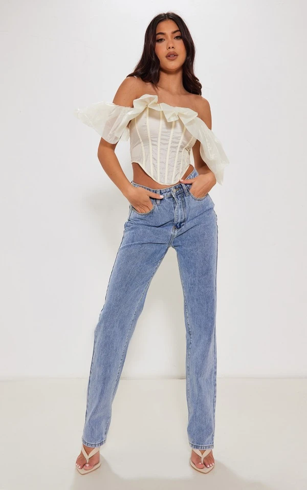 Corset En Mousseline De Soie Crème à Col Bardot Et Manches Bouffantes 3 Corset En Mousseline De Soie Crème à Col Bardot Et Manches Bouffantes – Image 3