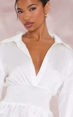 Robe Chemise Satinée Crème à Taille Froncée -Pas Cher Tendance Charme Magasin 0e2674a4e7748c8de3d0a490bb1ea066b7fc1aec cne1413 4