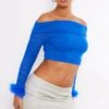 Crop Top En Mesh Bleu à Col Bardot Et Bordures En Plumes