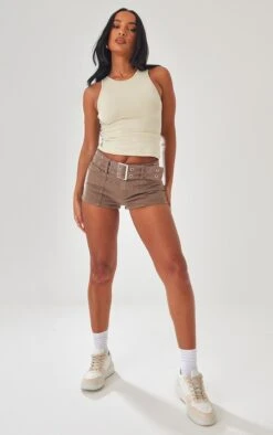 Mini-short En Jean Marron Délavé à Ceinture Et Oeillets