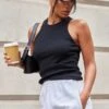 Débardeur Côtelé Noir Profond à Dos Nageur
