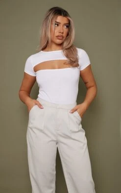 Body En Jersey Blanc Froncé Découpé à Manches Courtes