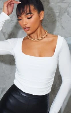 Body Moulant Froncé Crème à Encolure Carrée Et Manches Longues -Pas Cher Tendance Charme Magasin 116d1e396c1951f8de945e585b4a33e0b3cf5cab cmp4573 4