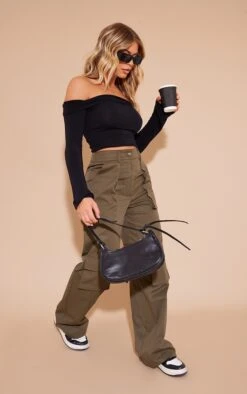 Crop Top Noir En Jersey à Col Bardot Replié