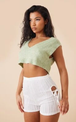 Mini-short Blanc Plissé Noué Sur Les Côtés