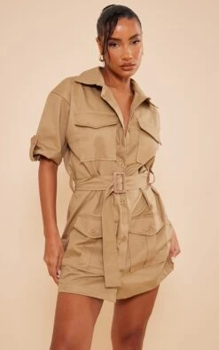 Robe Chemise Cargo Sable Clair Ceinturée à Manches
