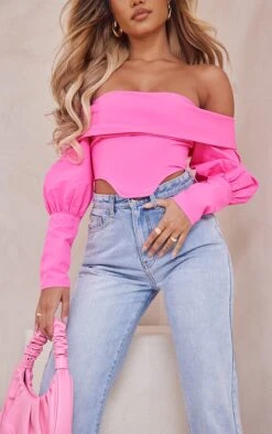 Corset Rose Vif En Maille Tissée à Col Bardot Volanté -Pas Cher Tendance Charme Magasin 21740fa464ac51cbdee6b50687d5d286ce8935c9 cmw3082 4