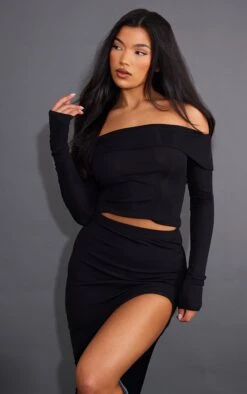 Logic Top Côtelé Noir à Rabat Et Col Bardot