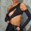 Body Découpé Moulant Noir à Col Bardot Et Trous Pour Les Pouces