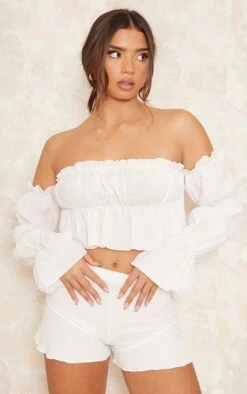 Mini Short En Jersey Texturé Blanc à Ourlet Volanté -Pas Cher Tendance Charme Magasin 27798885876c6eba792b8f73d751a927430159b1 cnd9960 4