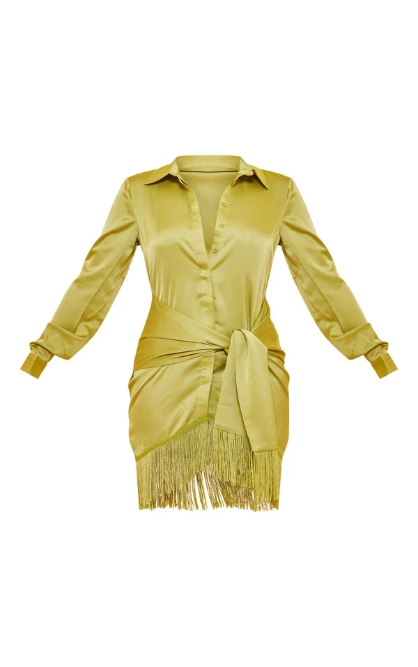 Robe Chemise Satinée Vert Citron à Détail Drapé Et Ourlet Frangé 5 Robe Chemise Satinée Vert Citron à Détail Drapé Et Ourlet Frangé – Image 5