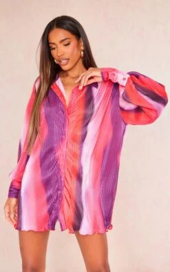 Robe Chemise Plissée Rose à Imprimé Dégradé Et Ourlet Volanté