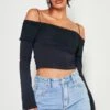 Crop Top En Mesh Noir à Col Bardot