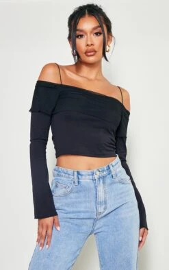 Crop Top En Mesh Noir à Col Bardot