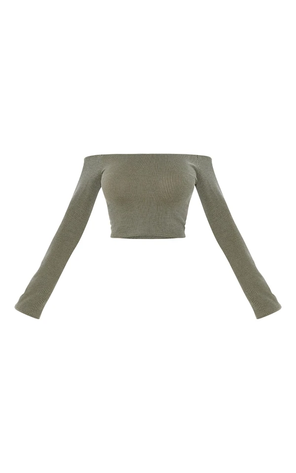 Crop Top Kaki En Maille Côtelée Contrastante Et Col Bardot 5 Crop Top Kaki En Maille Côtelée Contrastante Et Col Bardot – Image 5