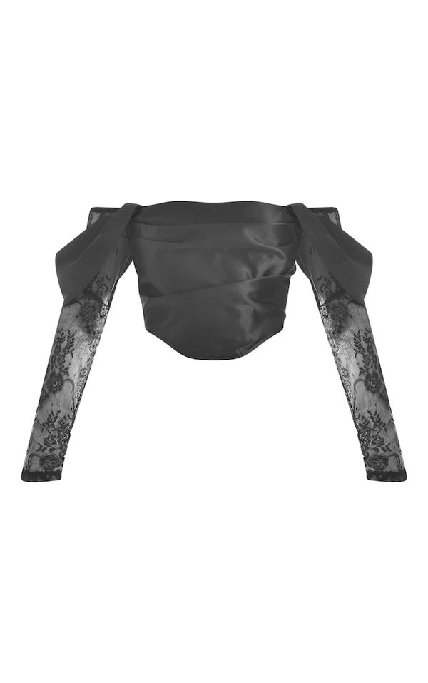 Crop Top Satiné Noir à Manches En Dentelle Et Col Bardot Drapé Plissé 5 Crop Top Satiné Noir à Manches En Dentelle Et Col Bardot Drapé Plissé – Image 5