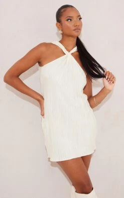 Robe Droite Plissée Crème Sans Manches à Col Torsadé