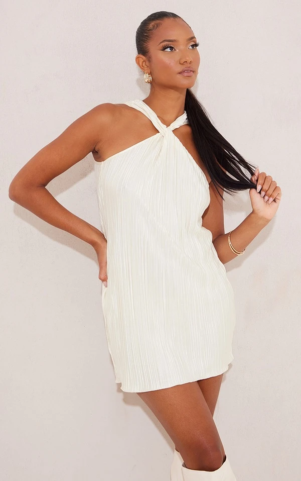 Robe Droite Plissée Crème Sans Manches à Col Torsadé 1 Robe Droite Plissée Crème Sans Manches à Col Torsadé