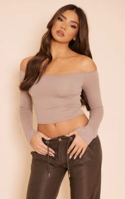 Crop Top Taupe En Maille Côtelée Contrastante Et Col Bardot