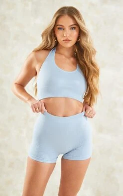 Mini Short Côtelé Bleu-gris à Détail Contours