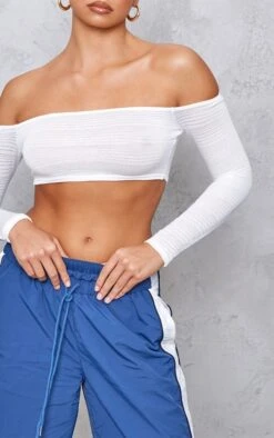 Crop Top Finement Texturé Crème à Col Bardot -Pas Cher Tendance Charme Magasin 390eaa12b88c329c4e47260d98f9cbf6f3a033c1 cnd6065 4