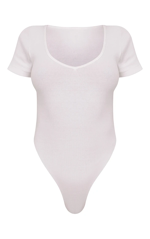 Body Côtelé Brossé Blanc à Manches Courtes Et Col En V 5 Body Côtelé Brossé Blanc à Manches Courtes Et Col En V – Image 5