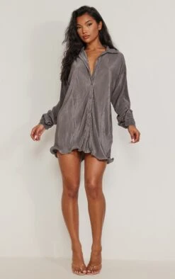 Robe Chemise Gris Anthracite Plissée à Ourlet Volanté
