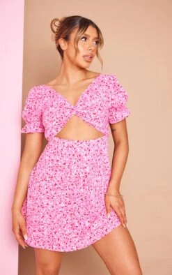 Robe Droite Rose Imprimé Abstrait à Découpe Et Devant Torsadé