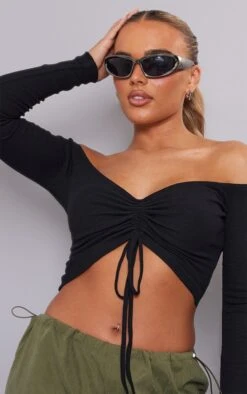 Crop Top Côtelé Noir à Col Bardot Froncé Devant -Pas Cher Tendance Charme Magasin 3f5316220ad77f8f073155e4bdc2942287496d73 cnd0935 4