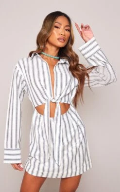 Robe Chemise Rayée Grise à Manches Longues Et Détail Noué Devant