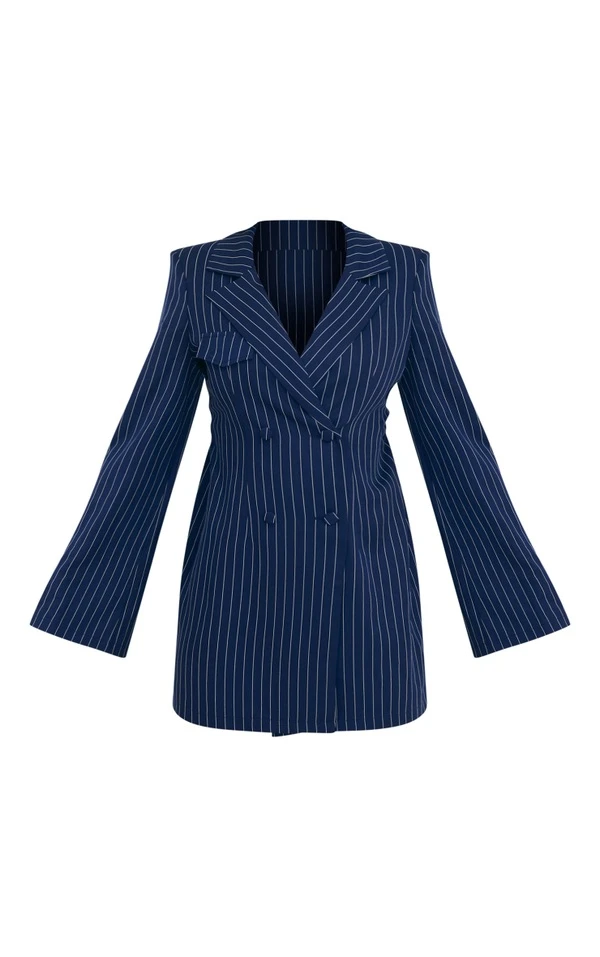Robe Blazer Bleu Marine Froncée Et Découpée Dans Le Dos à Rayures Et Double Boutonnière 5 Robe Blazer Bleu Marine Froncée Et Découpée Dans Le Dos à Rayures Et Double Boutonnière – Image 5