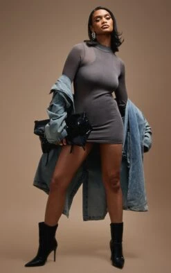 Robe Manches Longues Gris Anthracite En Maille Tricot Transparente à Doublure Au Col Nageur