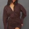 Robe Moulante Style Chemise Oversize Froncée Chocolat
