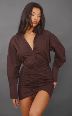 Robe Moulante Style Chemise Oversize Froncée Chocolat