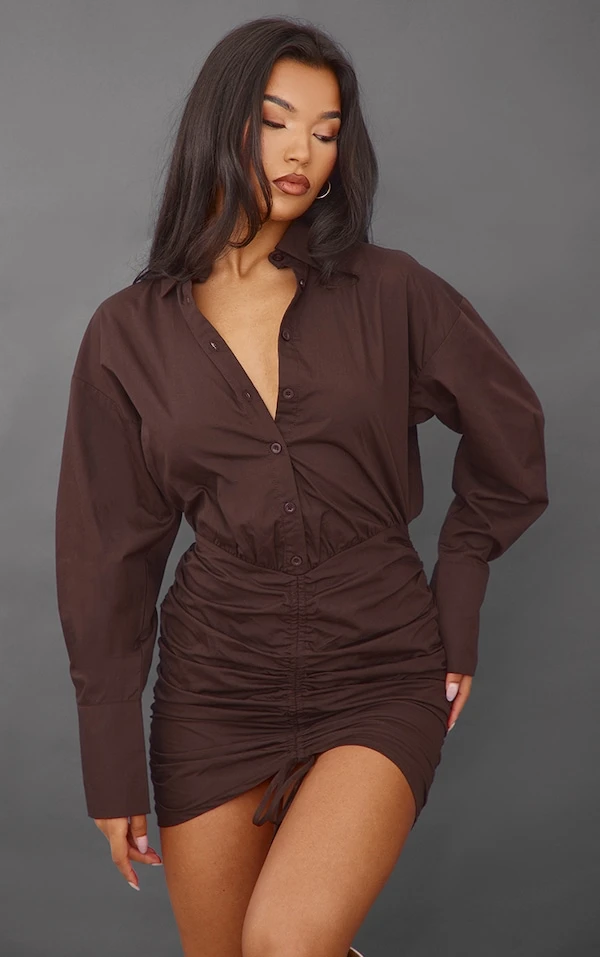 Robe Moulante Style Chemise Oversize Froncée Chocolat 1 Robe Moulante Style Chemise Oversize Froncée Chocolat