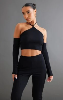 Top Dos Nu Côtelé Noir à épaules Dénudées