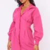 Robe Chemise Ajustée Rose Vif à Manches Longues