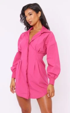 Robe Chemise Ajustée Rose Vif à Manches Longues