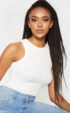 Débardeur Côtelé Blanc Sans Manches à Col Haut