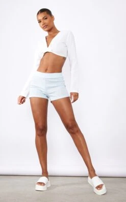 Mini Short Bleu En Maille Pointelle à Noeud