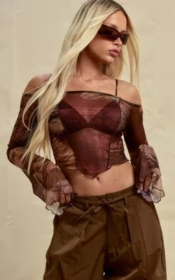 Top En Mesh Imprimé Abstrait Marron à Col Bardot