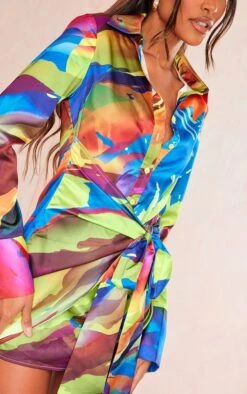 Robe Chemise Satinée Imprimé Abstrait Multicolore à Détail Noué -Pas Cher Tendance Charme Magasin 5c28be67eca6207ed1937dedfecb3cab71d9135f cne4574 4
